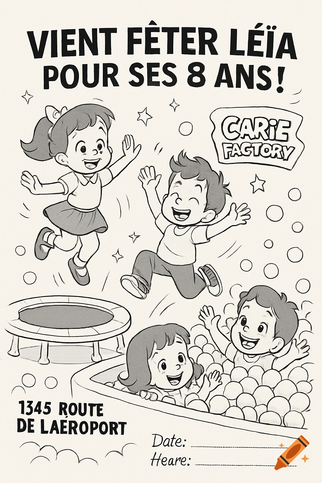 A black and white cartoon flyer for a birthday party. It shows four happy children playing on a trampoline and in a ball pit. The flyer includes text for the event name, location, date, and time.