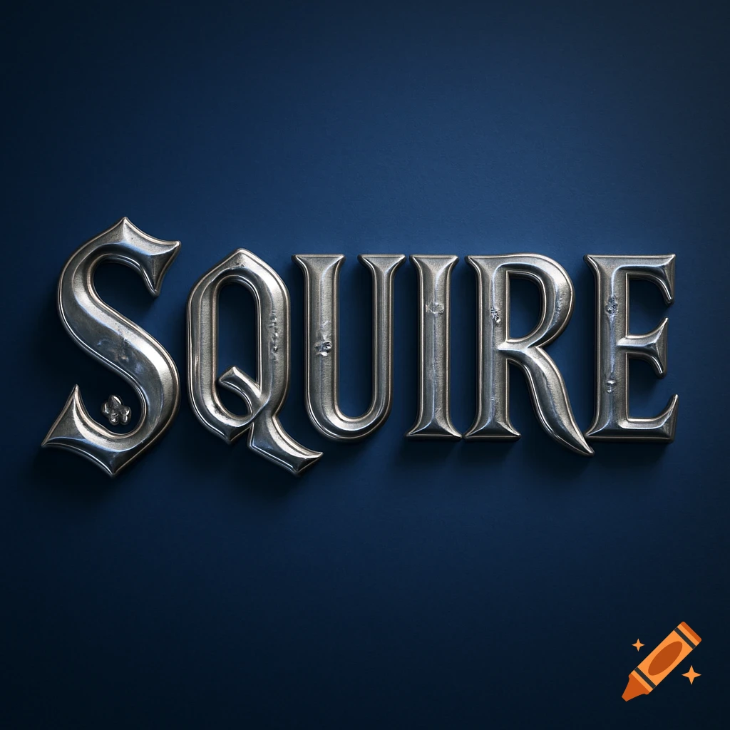 The word SQUIRE rendered in ornate, silvery 3D metallic letters on a dark blue background.
