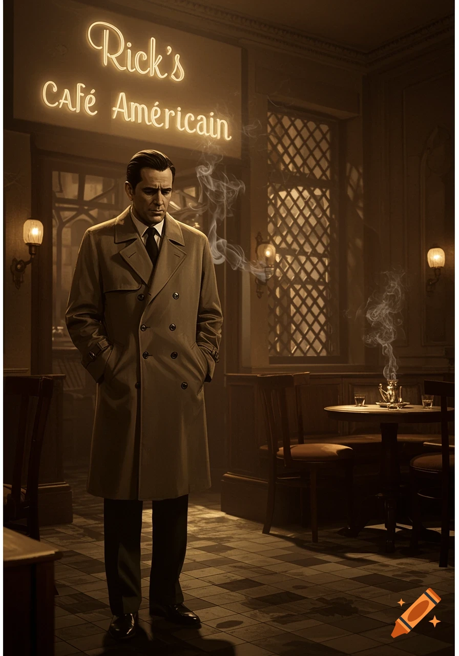 A man in a trench coat stands in a dimly lit, vintage-style cafe beneath a neon sign reading 'Rick's CAF\u00c9 Am ricain'.