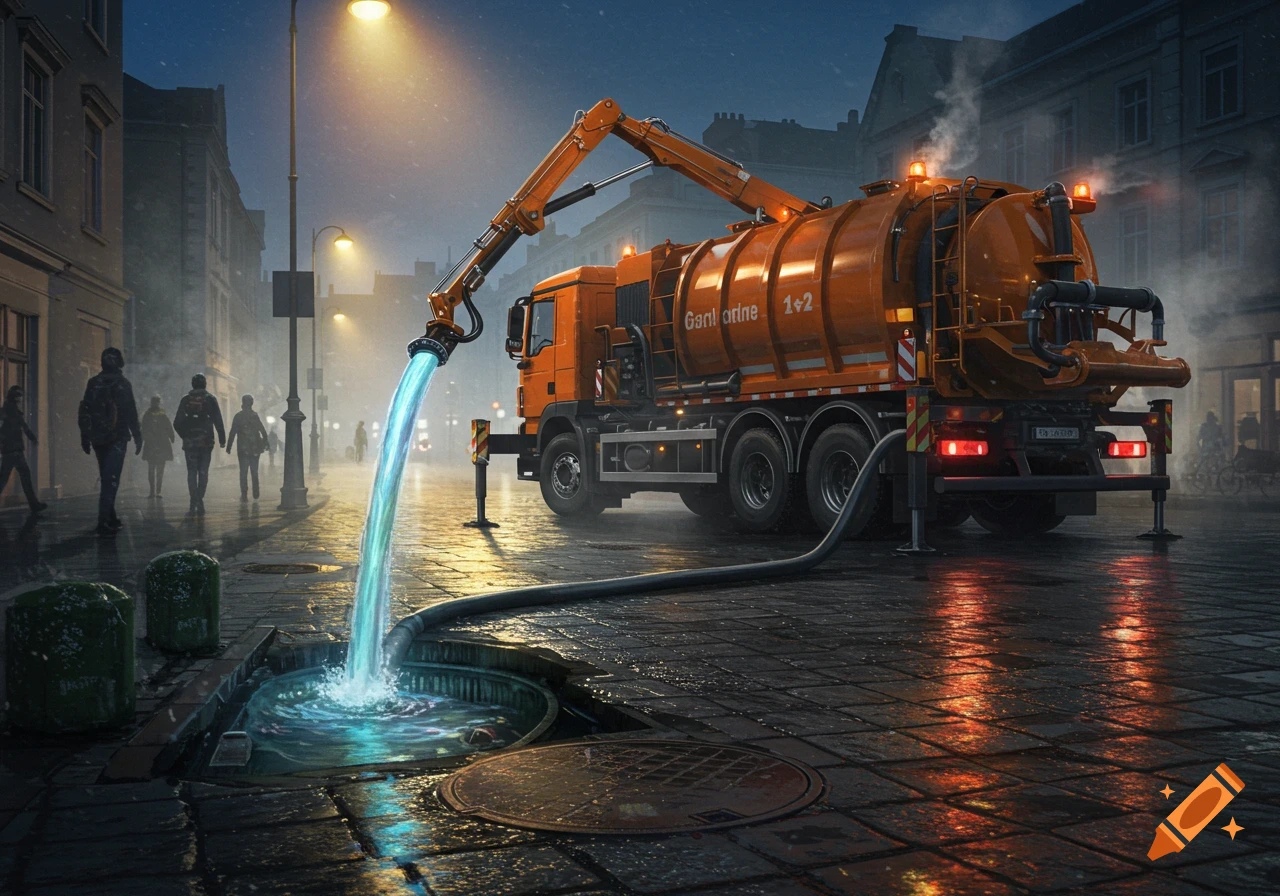 A photorealistic orange sewer cleaning lorry pumps blue water into a manhole on a wet, rainy city street at night.
