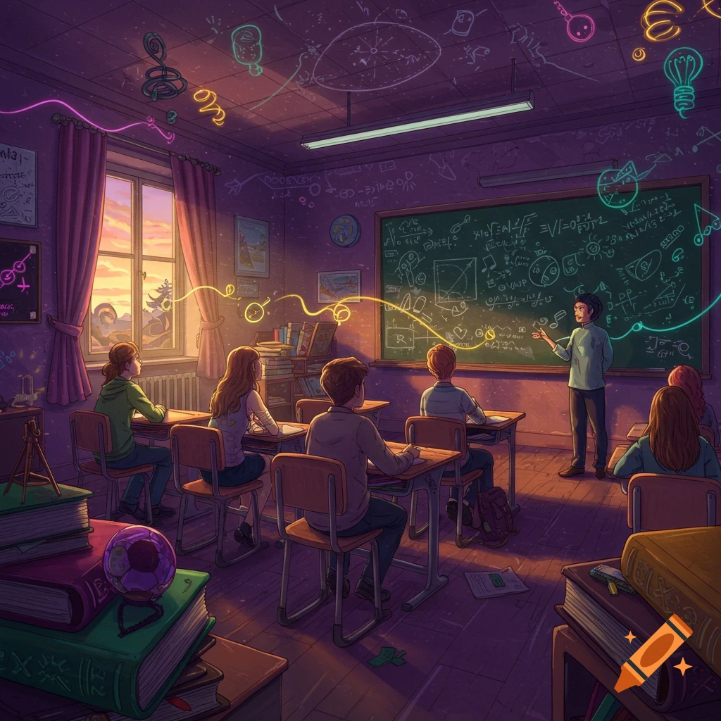 An imaginative classroom scene with students at desks and a teacher at a blackboard filled with glowing equations and abstract symbols, light streaming from a window.