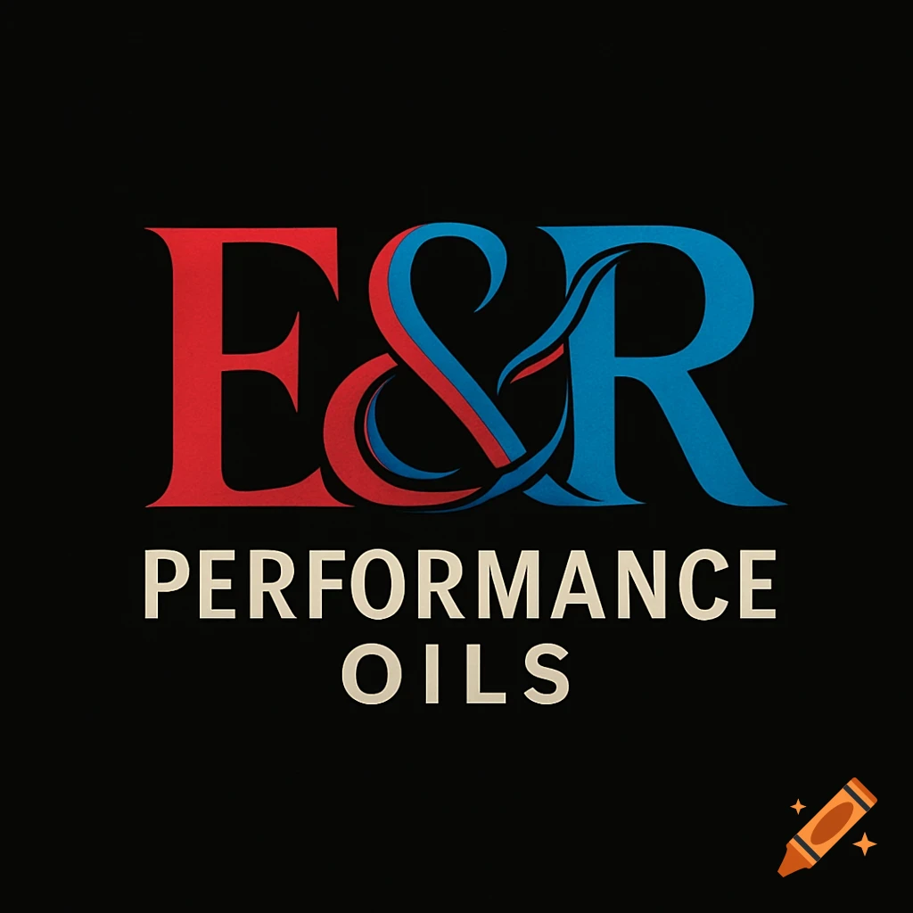 A business logo with stylized red and blue 'E&R' text and white 'PERFORMANCE OILS' on a black background.