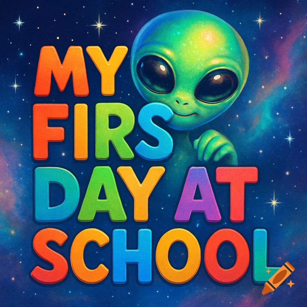 A cute green alien peeks from behind large, colorful text that reads "MY FIRS DAY AT SCHOOL" set against a starry cosmic background.