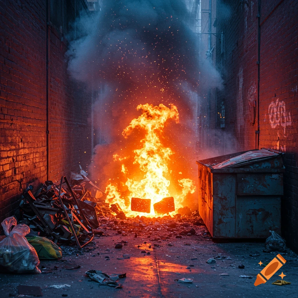 A large fire burns fiercely in a dark, gritty brick alley between two buildings, next to a dumpster and piles of trash. Smoke fills the air.