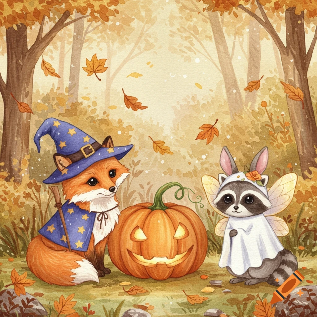 A watercolor illustration of a fox wizard and a raccoon ghost with a jack-o'-lantern in an autumn forest with falling leaves.
