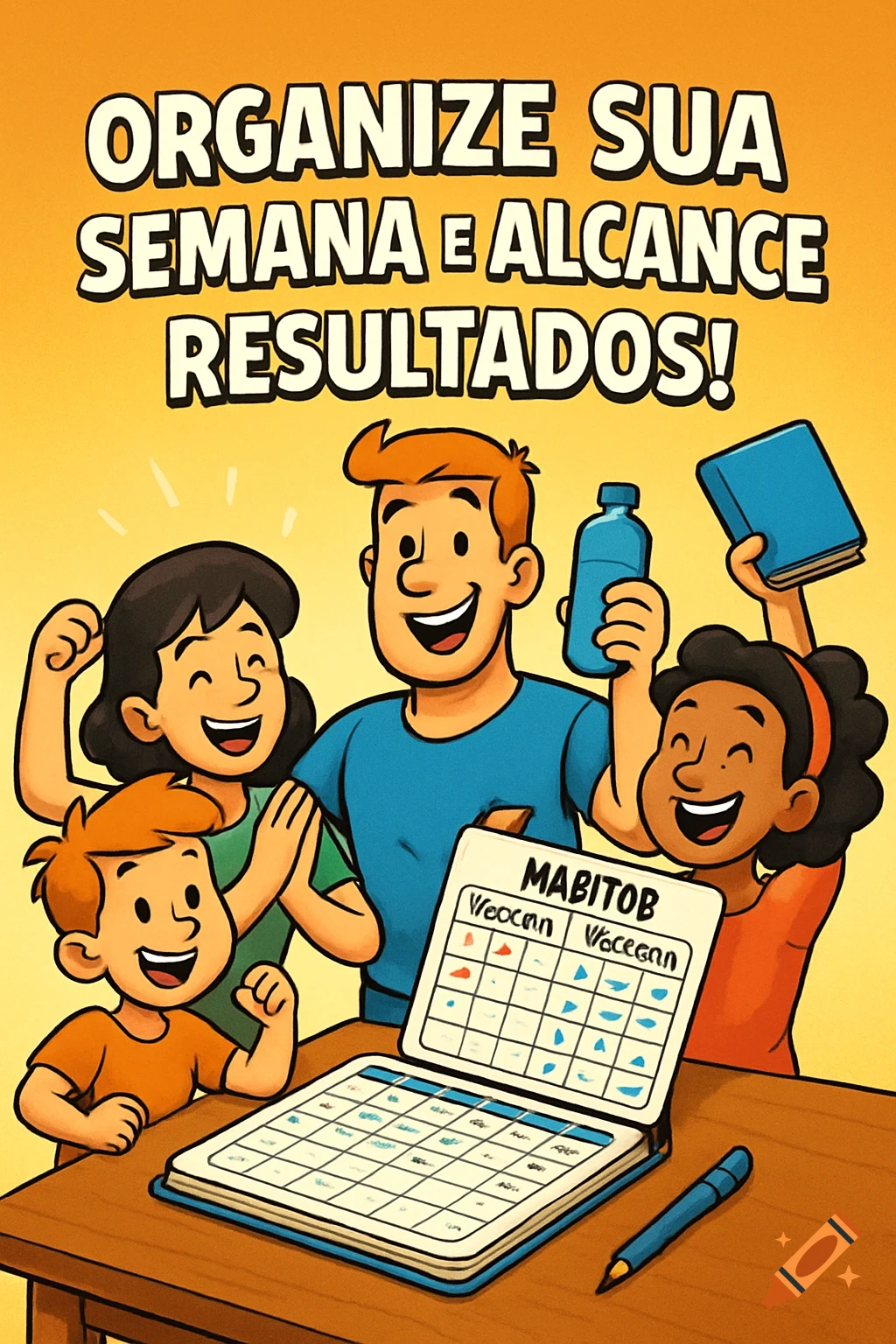 A smiling cartoon family, including two adults and two children, stands around a table with an open weekly planner. The text at the top reads "ORGANIZE SUA SEMANA E ALCANCE RESULTADOS!". A pen rests beside the planner, and some family members hold a water bottle and a book.
