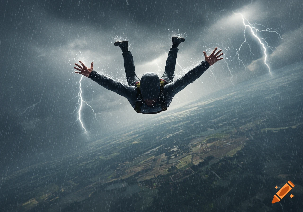 Person free-falling through a stormy sky with rain and lightning, viewed from a first-person perspective.