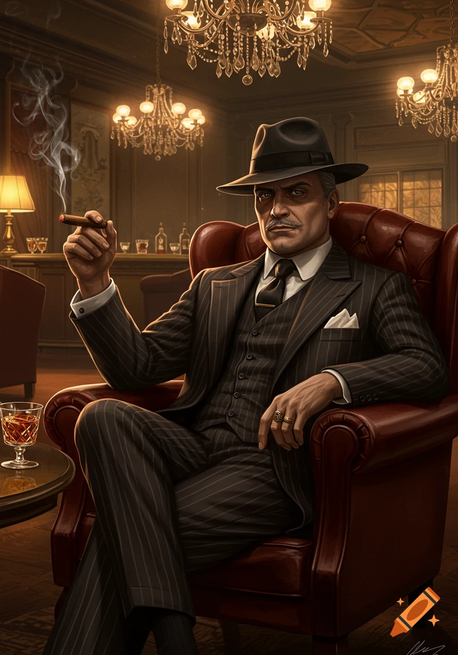 A stern man in a pinstripe suit and fedora sits in a leather armchair, smoking a cigar and drinking in a luxurious room.
