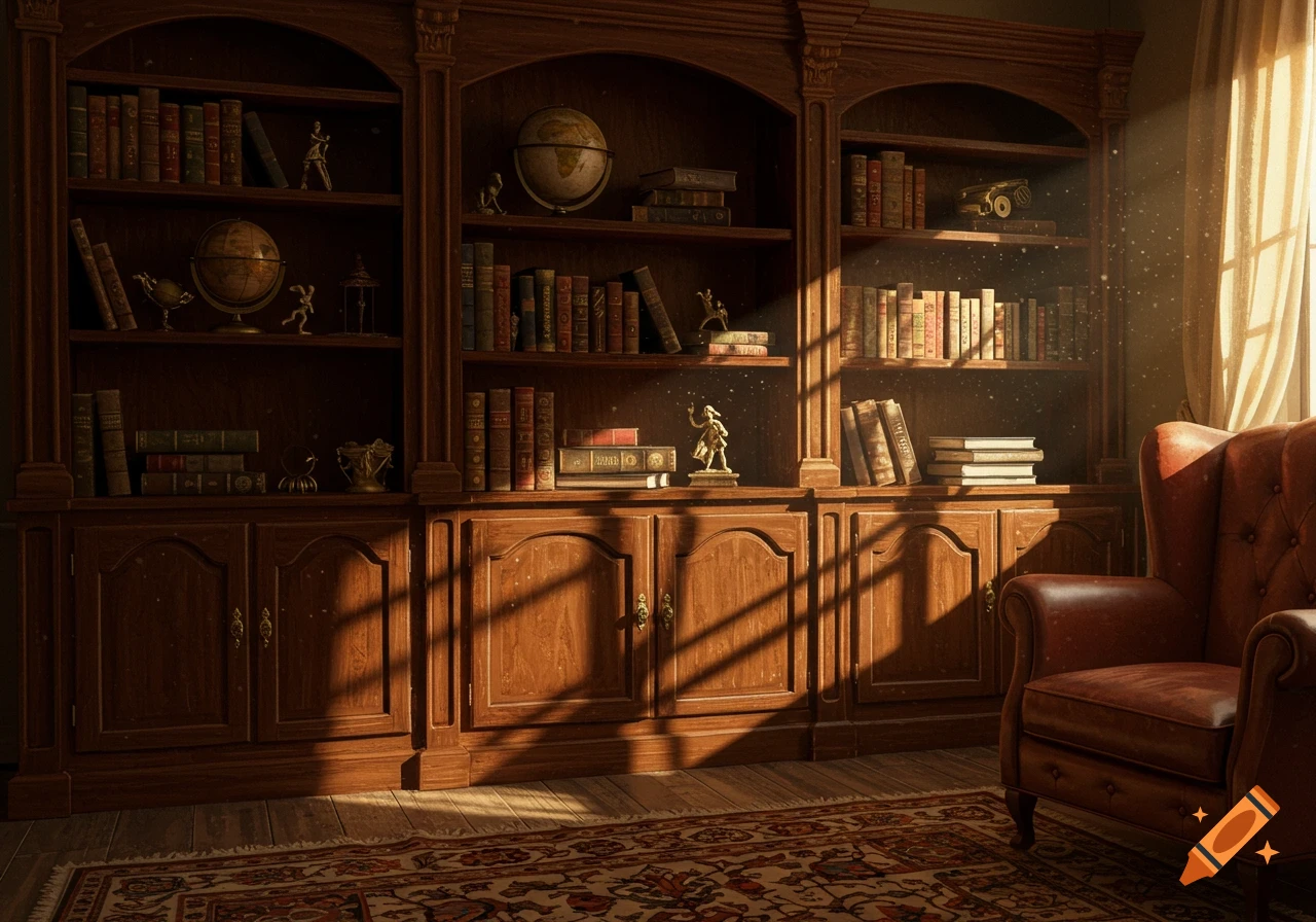A photorealistic image of a grand wooden bookshelf filled with books, globes, and statues, bathed in warm sunlight, next to a leather armchair.