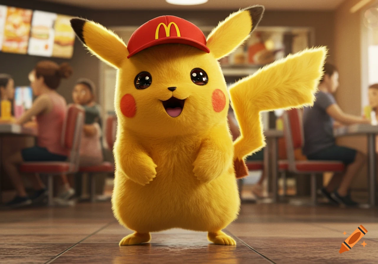 A cute, photorealistic Pikachu wearing a red McDonald's cap smiles widely in a brightly lit restaurant.