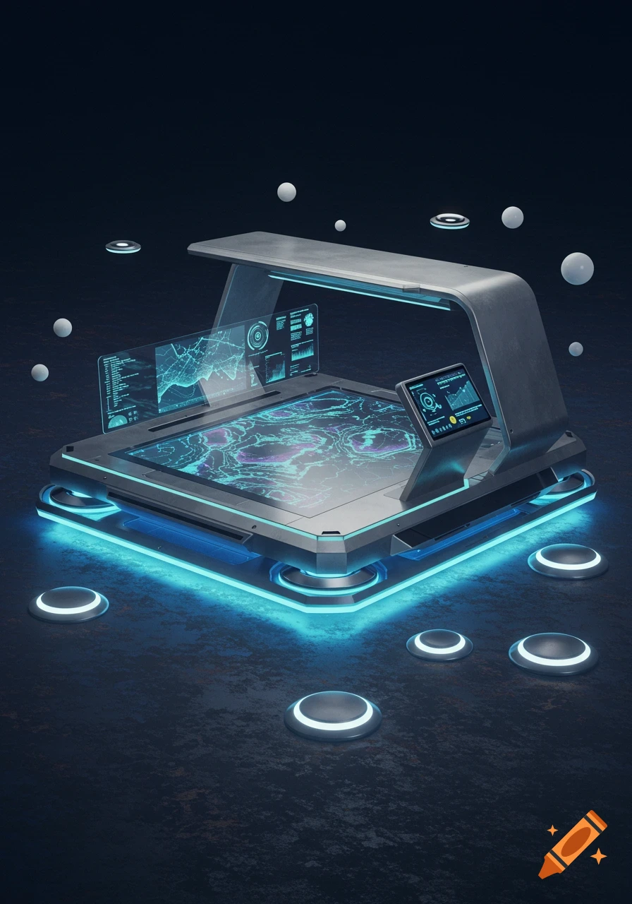 Futuristic 3D platform with blue glowing lights and holographic displays showing terrain data on a dark surface.