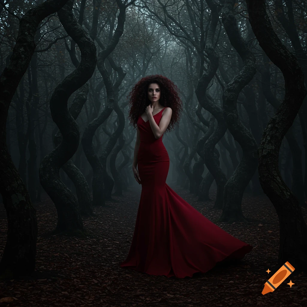 A woman with dark red curly hair in a red flowing gown stands in a dark, foggy forest with twisted trees.