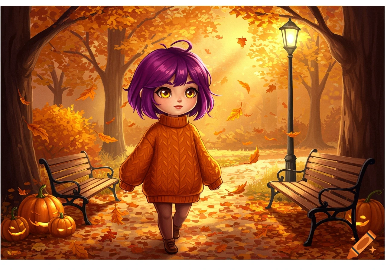 A cute anime girl with purple hair and yellow eyes walks through an autumn park with falling orange leaves and jack-o'-lanterns.