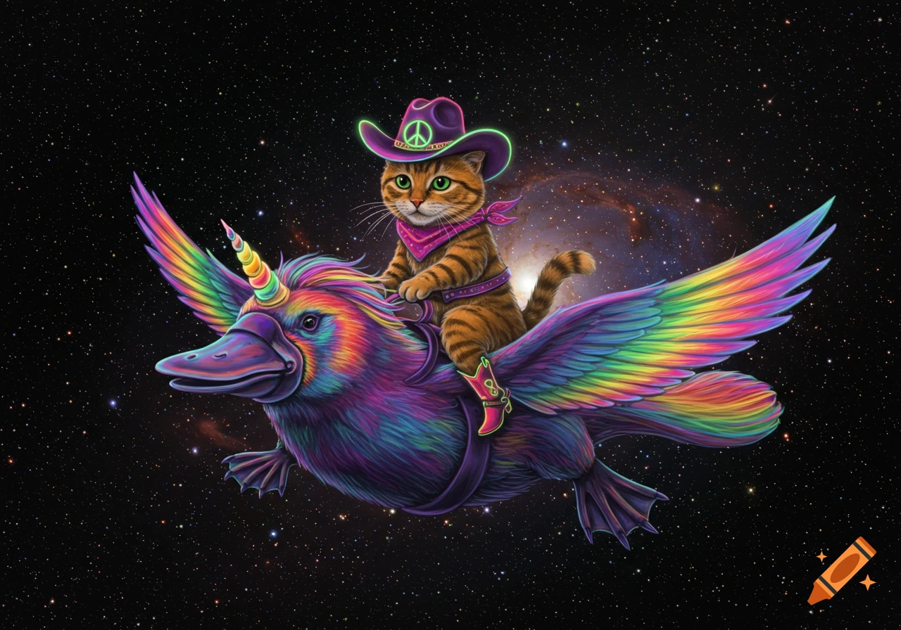 A cartoon orange cowgirl cat in a neon peace sign hat and boots rides a rainbow unicorn platypus through outer space.