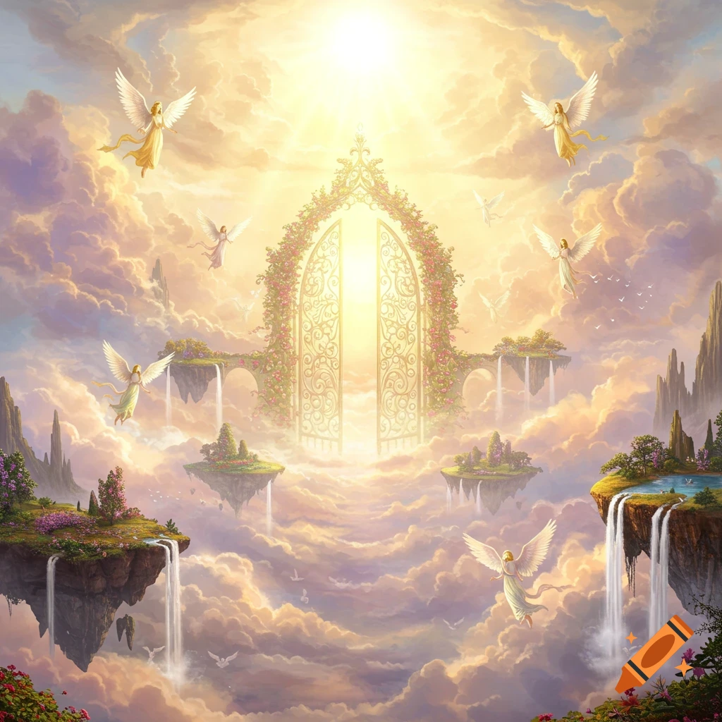 Ethereal heaven with golden gates, flying angels, floating islands, waterfalls, and vibrant clouds under a bright sun.