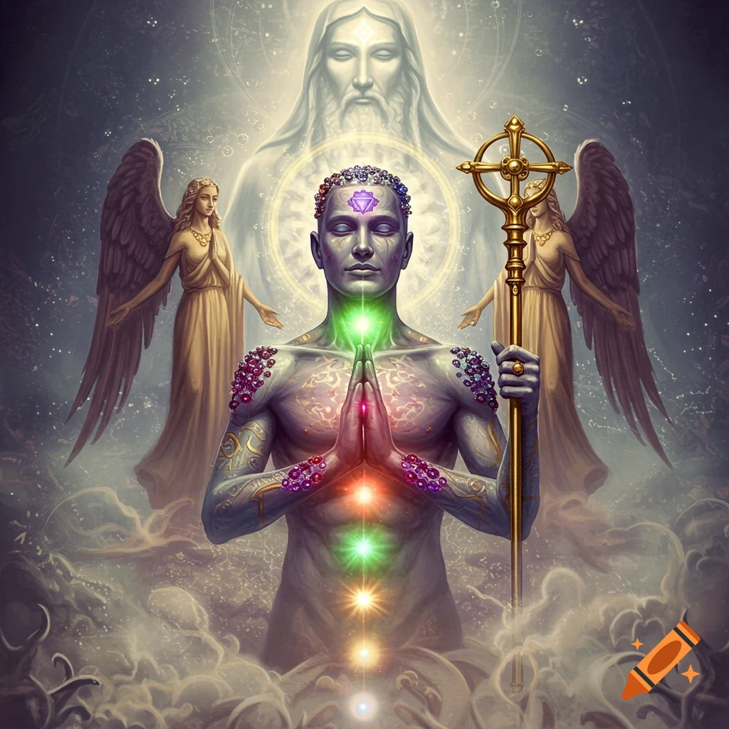 A spiritual figure with glowing chakras and praying hands, holding a scepter, flanked by two angels, with a divine ethereal figure behind. The scene is set in a starry, cloudy, mystical environment with a glowing aura.