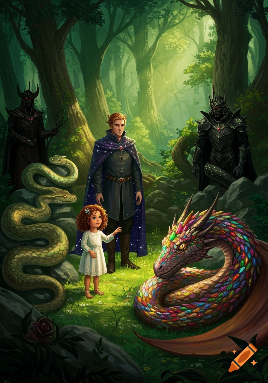 A little girl, a man, a large snake, two dark figures, and a friendly, colorful dragon in a vibrant, enchanted forest, in an illustrative fantasy style.