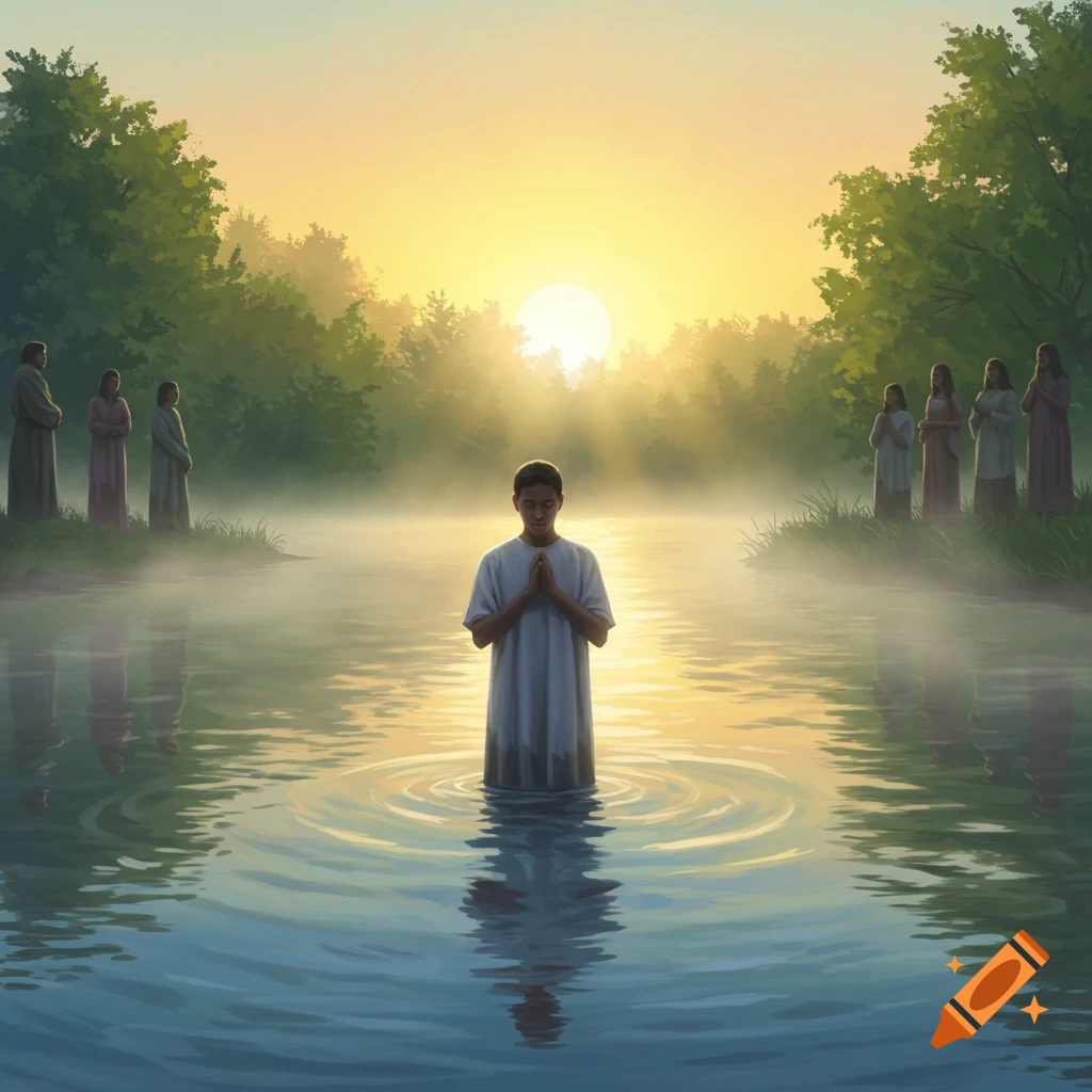 A person in white stands waist-deep in a misty river, hands clasped in prayer for a baptism at sunrise, with observers on the banks.
