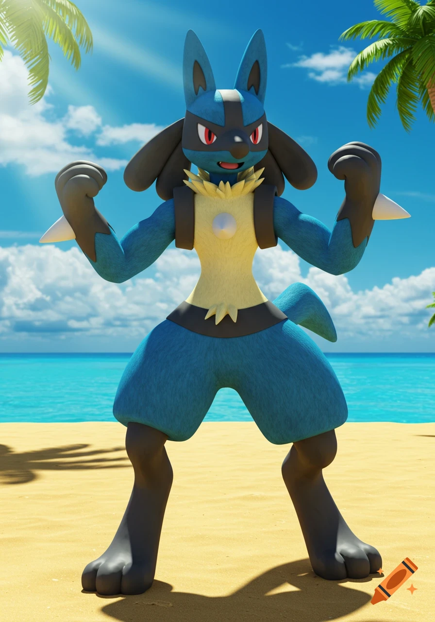 Lucario, a blue and black bipedal Pokemon, stands flexing on a sunny sandy beach with palm trees and blue ocean, rendered in 3D CGI style.