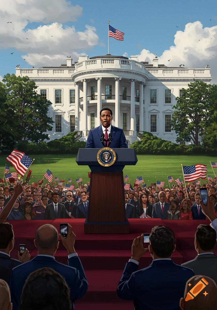 Illustration of a president speaking at a podium in front of the White House to a crowd with US flags.