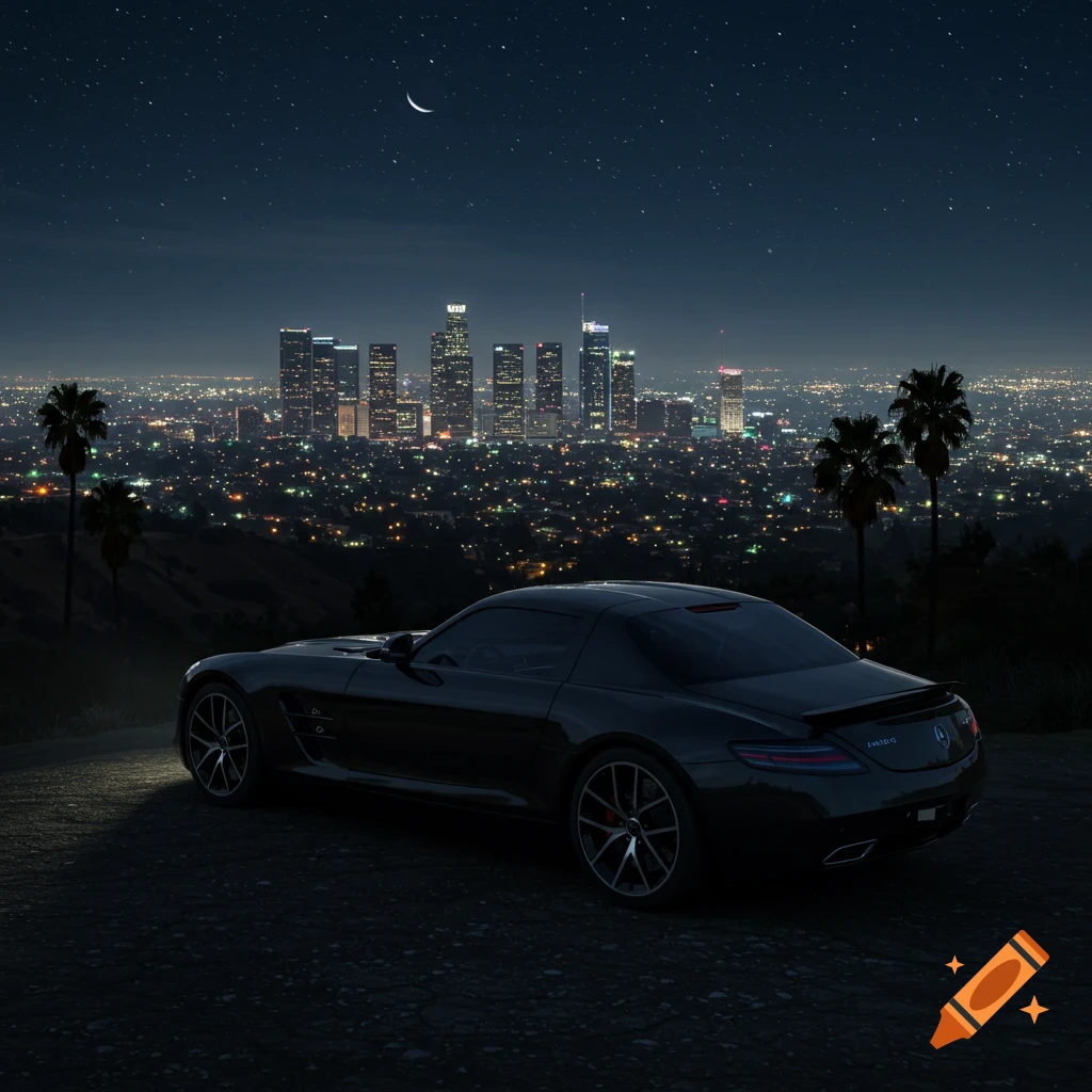 A black Mercedes-Benz SLS AMG parked on a hill at night, overlooking a city skyline under a star-filled sky.
