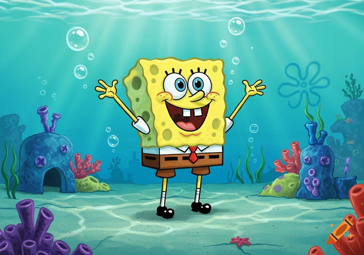 SpongeBob SquarePants cartoon character smiling underwater with arms raised, surrounded by coral and bubbles.