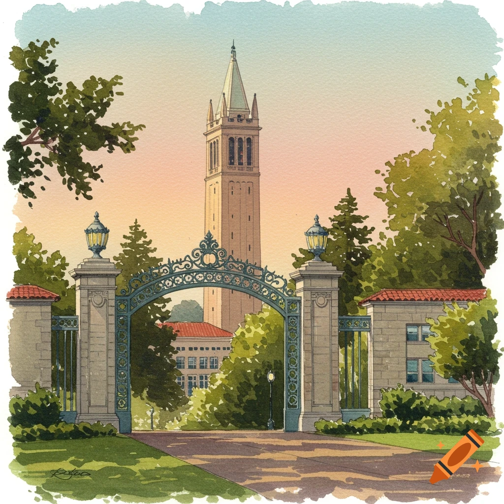 A loose watercolor painting of Sather Gate at UC Berkeley, with the Campanile tower rising in the background against a soft, pastel sky.