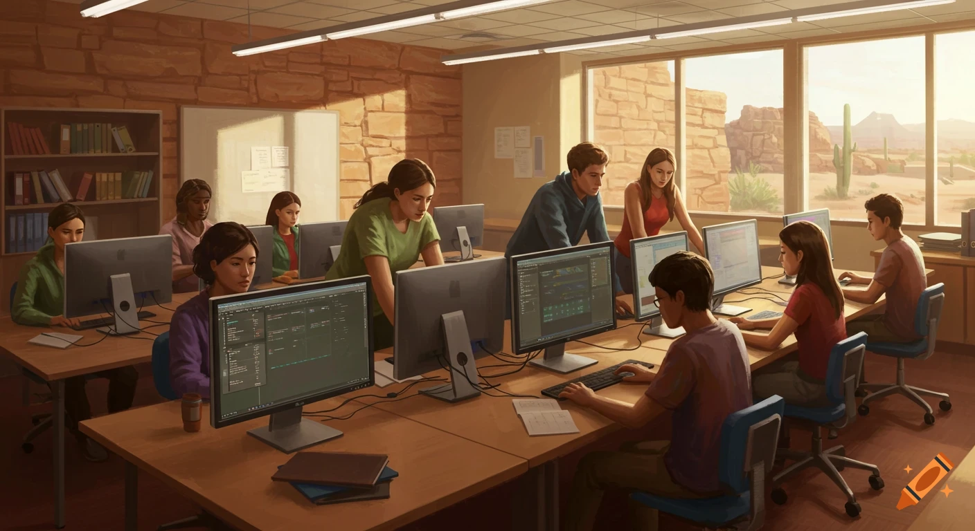 Diverse college students work on computers in an Arizona classroom, with desert landscape visible through windows, in a digital art style.