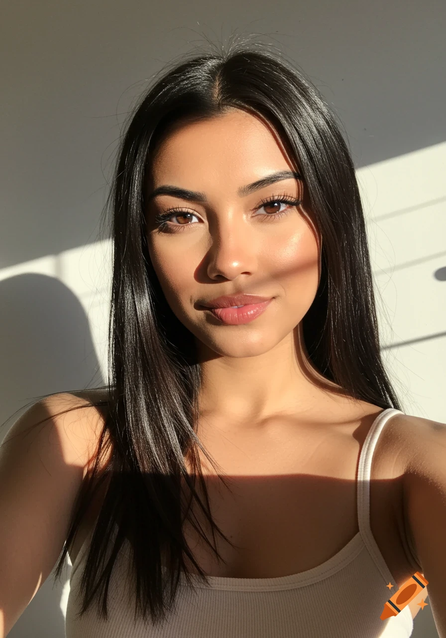 Close-up portrait of a young woman with long dark hair, smiling in natural golden hour sunlight.