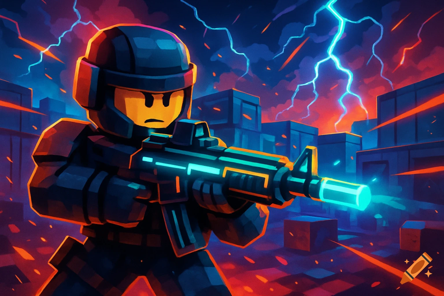 A stylized, blocky soldier in a futuristic city holds a glowing rifle under a neon-lit, lightning-filled sky.