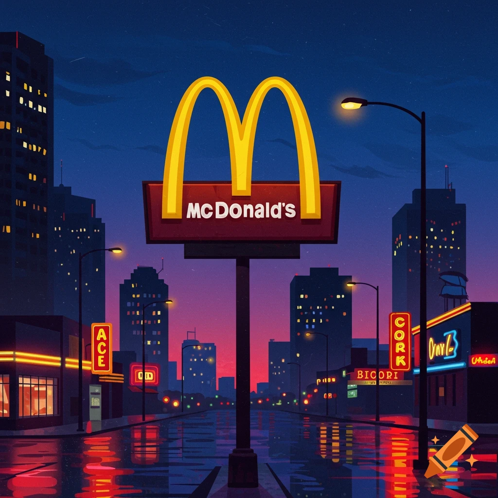 A stylized illustration of a McDonald's sign towering over a city street at night, with neon lights reflecting on the wet pavement.
