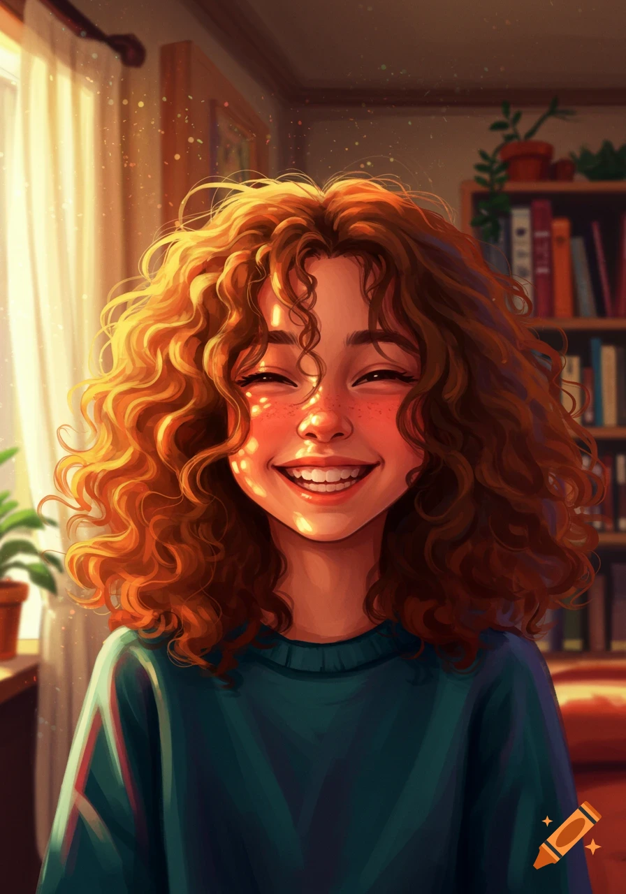 A bright, stylized illustration of a smiling teenager with voluminous red curly hair and freckles, basking in sunlight indoors.