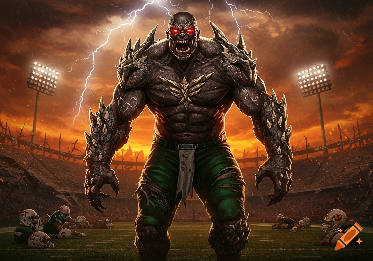 A giant, grey, spiky monster with glowing red eyes stands menacingly on a football field during a lightning storm, surrounded by fallen players. Comic art style.