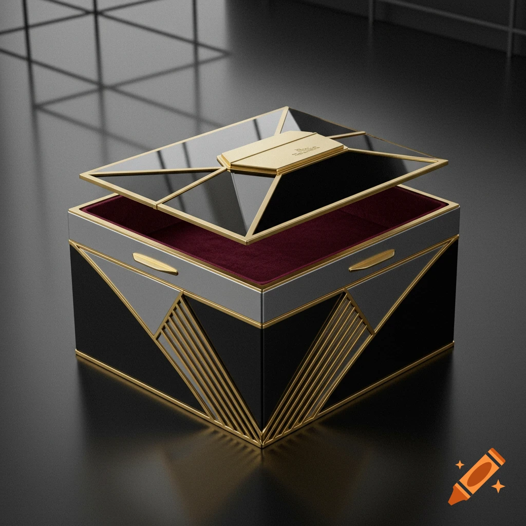 A 3D rendered Art Deco style storage box with black, grey, and gold geometric patterns, a slightly open lid, and a red velvet interior.