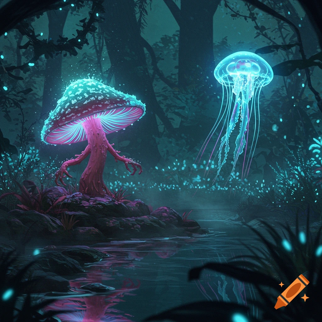 A glowing, sentient mushroom with legs stands by water, facing a floating, neon blue jellyfish in a dark, mystical forest.