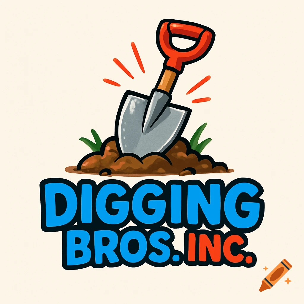 A fun, bold cartoon logo for "DIGGING BROS. INC." featuring a red-handled shovel stuck in a mound of brown dirt with green grass.