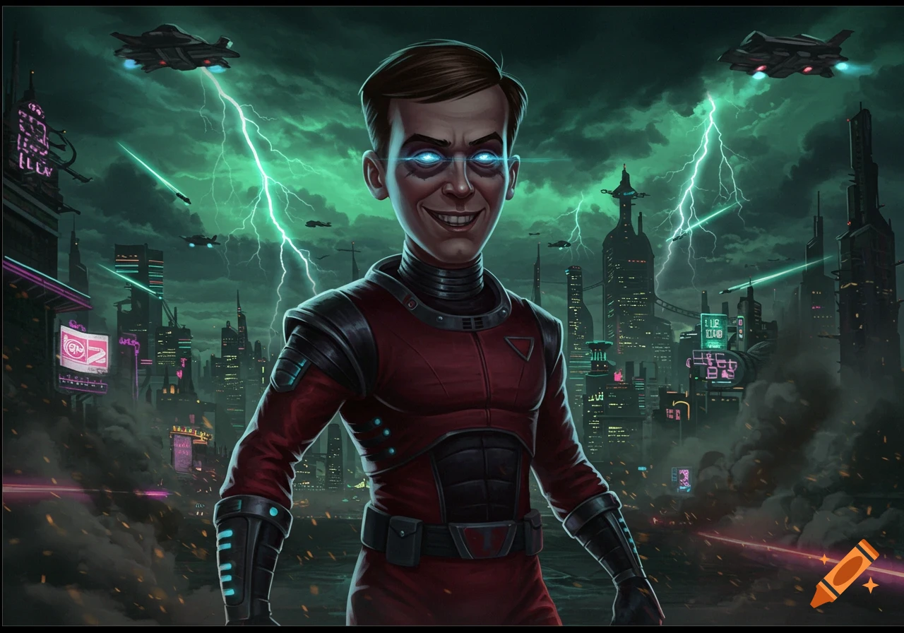 An evil-looking cartoon boy in a red and black sci-fi suit with glowing blue eyes stands in a dark cyberpunk city under green lightning.