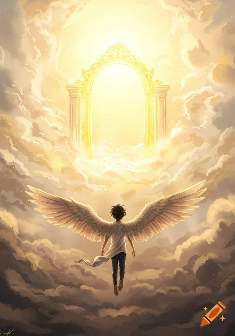 A young man with white wings flies upward through golden clouds towards luminous golden gates in a spiritual fantasy illustration.