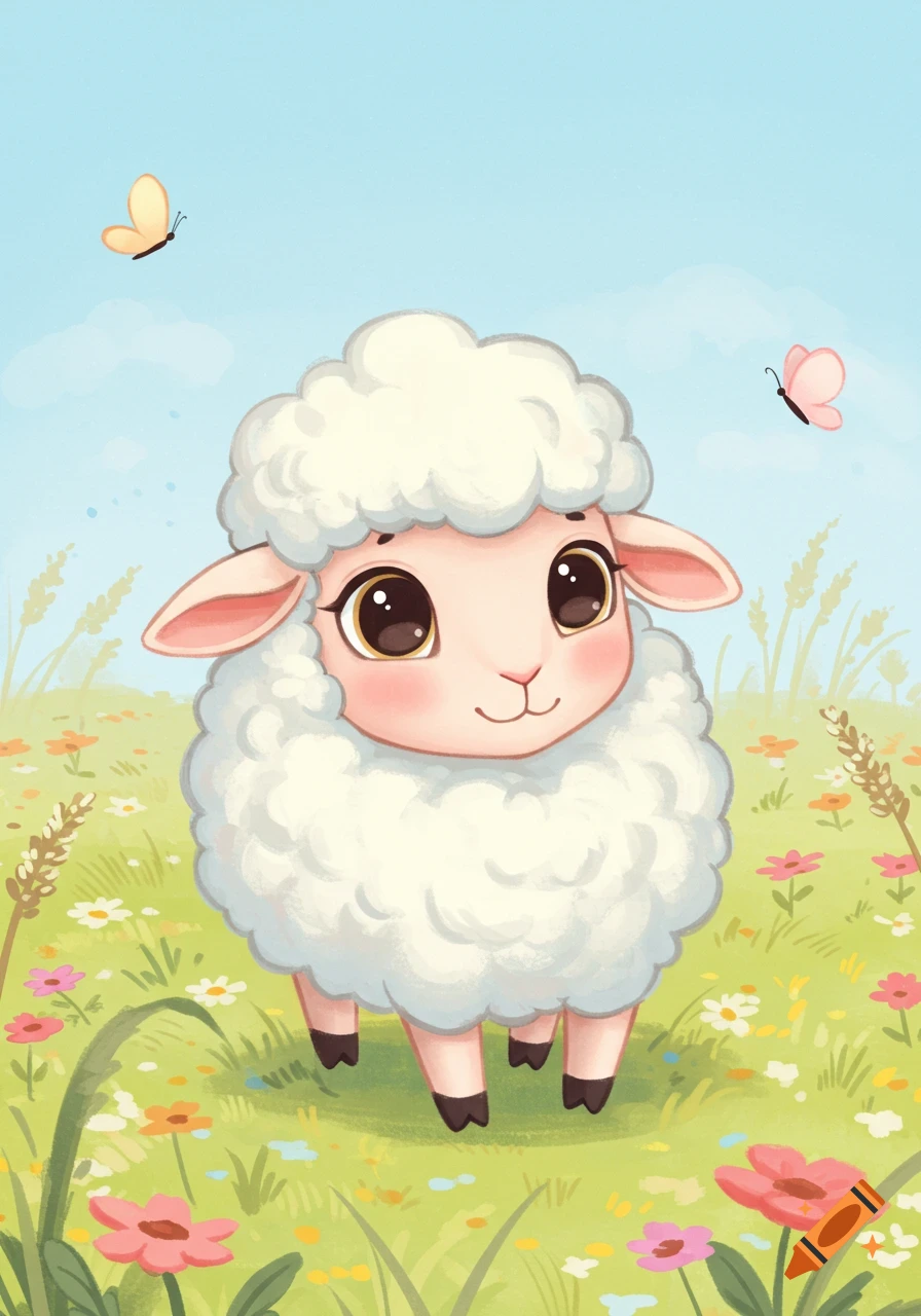A cute cartoon lamb with big eyes stands in a green field with colorful flowers and two butterflies under a light blue sky.