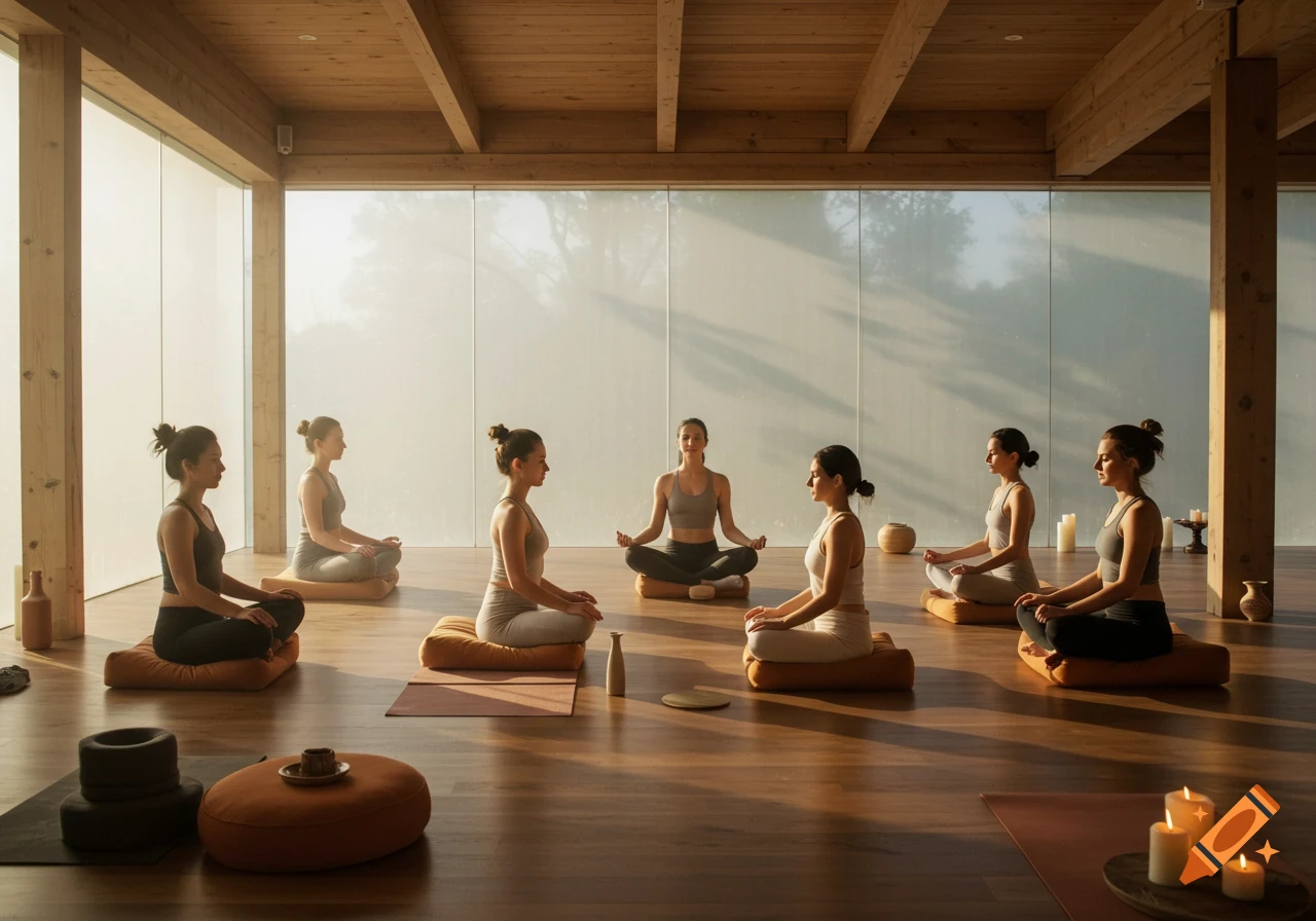 A group of women meditating in a sunlit yoga studio with wooden ceilings and large windows, sitting on cushions.