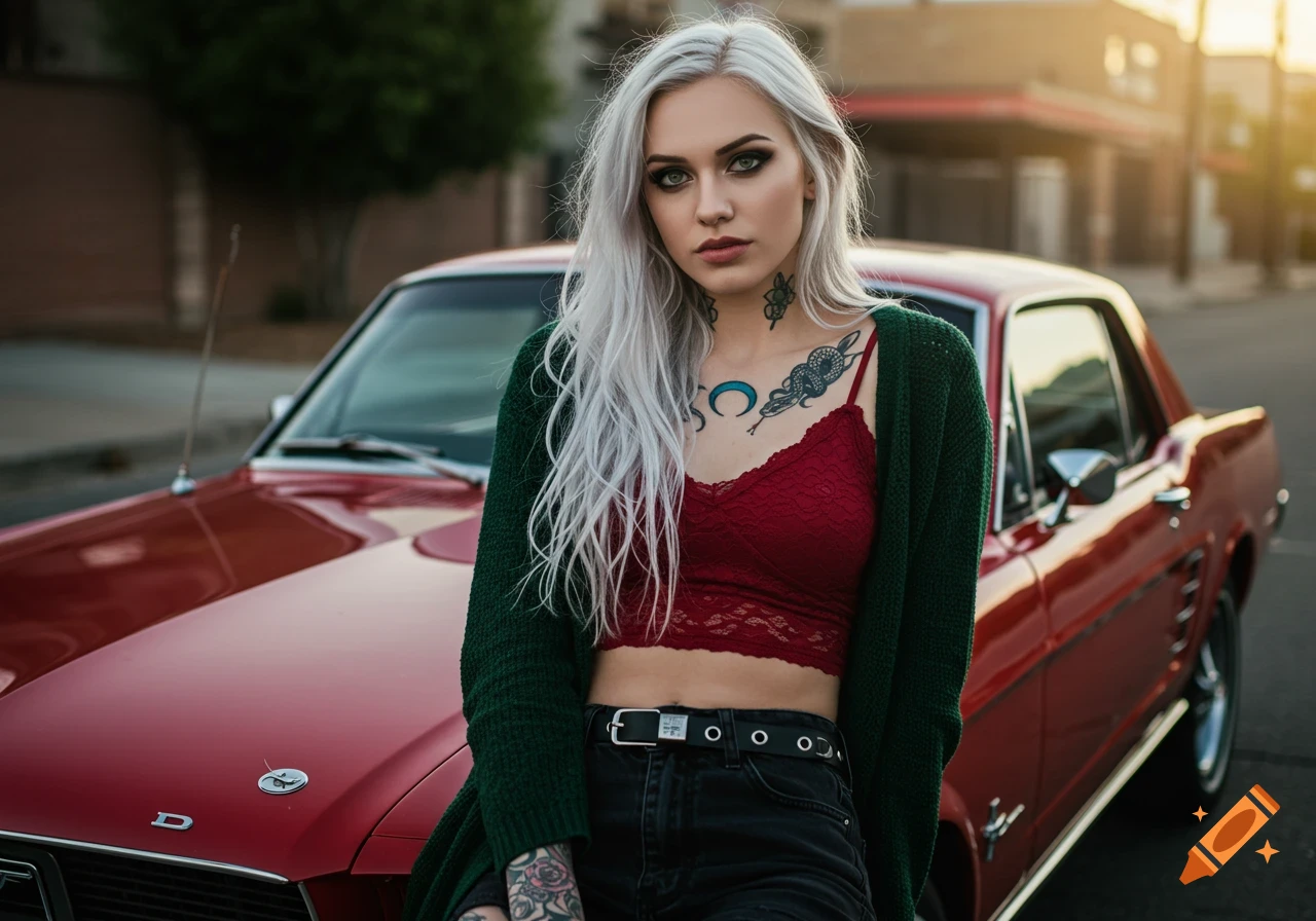 A young woman with long white hair, dark green eyes, and tattoos, wearing a red crop top and green cardigan, leans on a red 1967 Mustang.