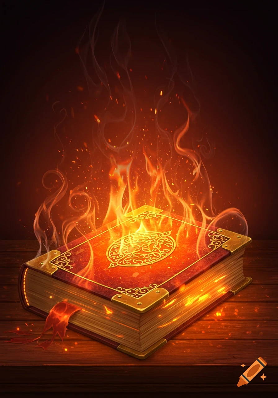 An ornate, red book with gold embellishments, engulfed in vibrant orange flames and sparks, sits on a dark wooden table.