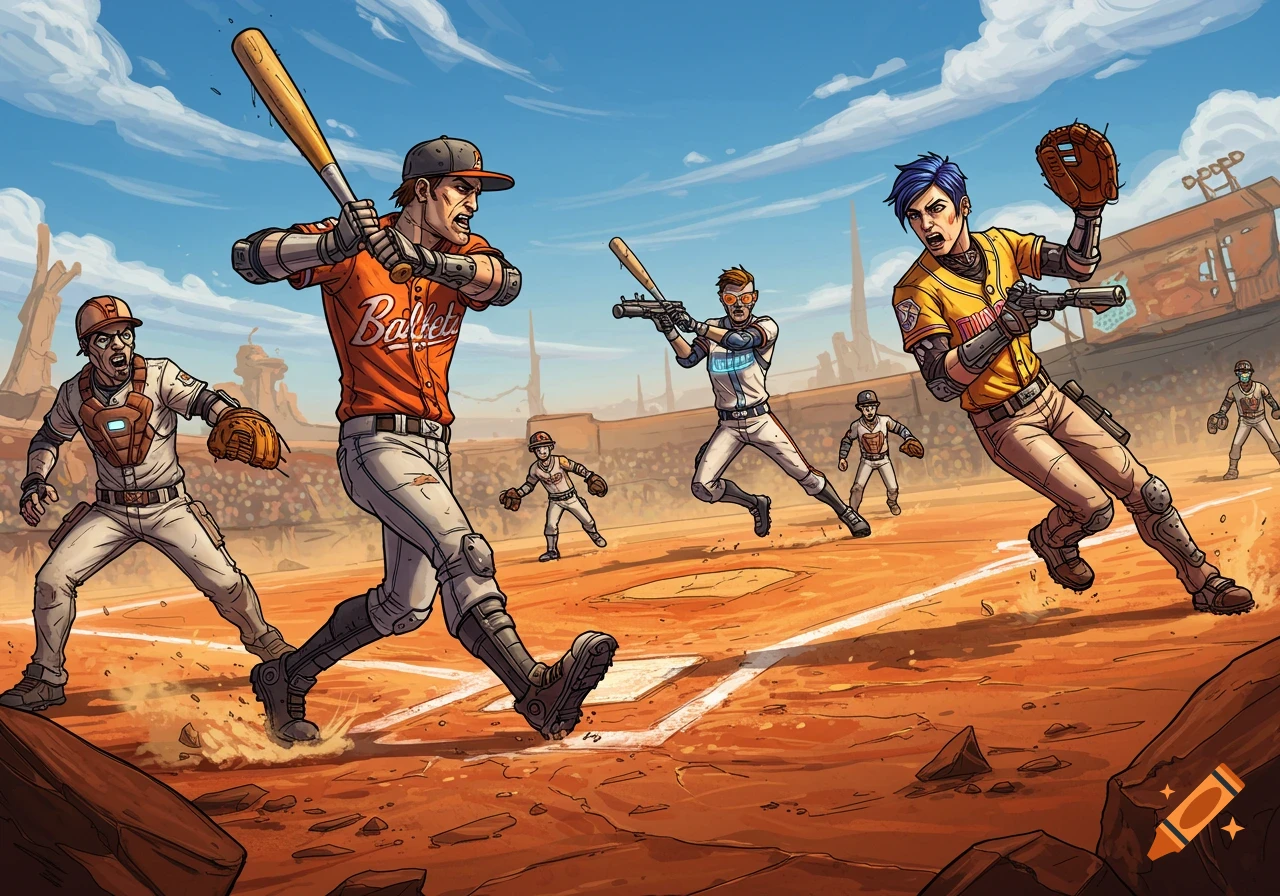 Cel-shaded illustration of a futuristic baseball game with players wielding stylized guns and bats in a desert stadium.