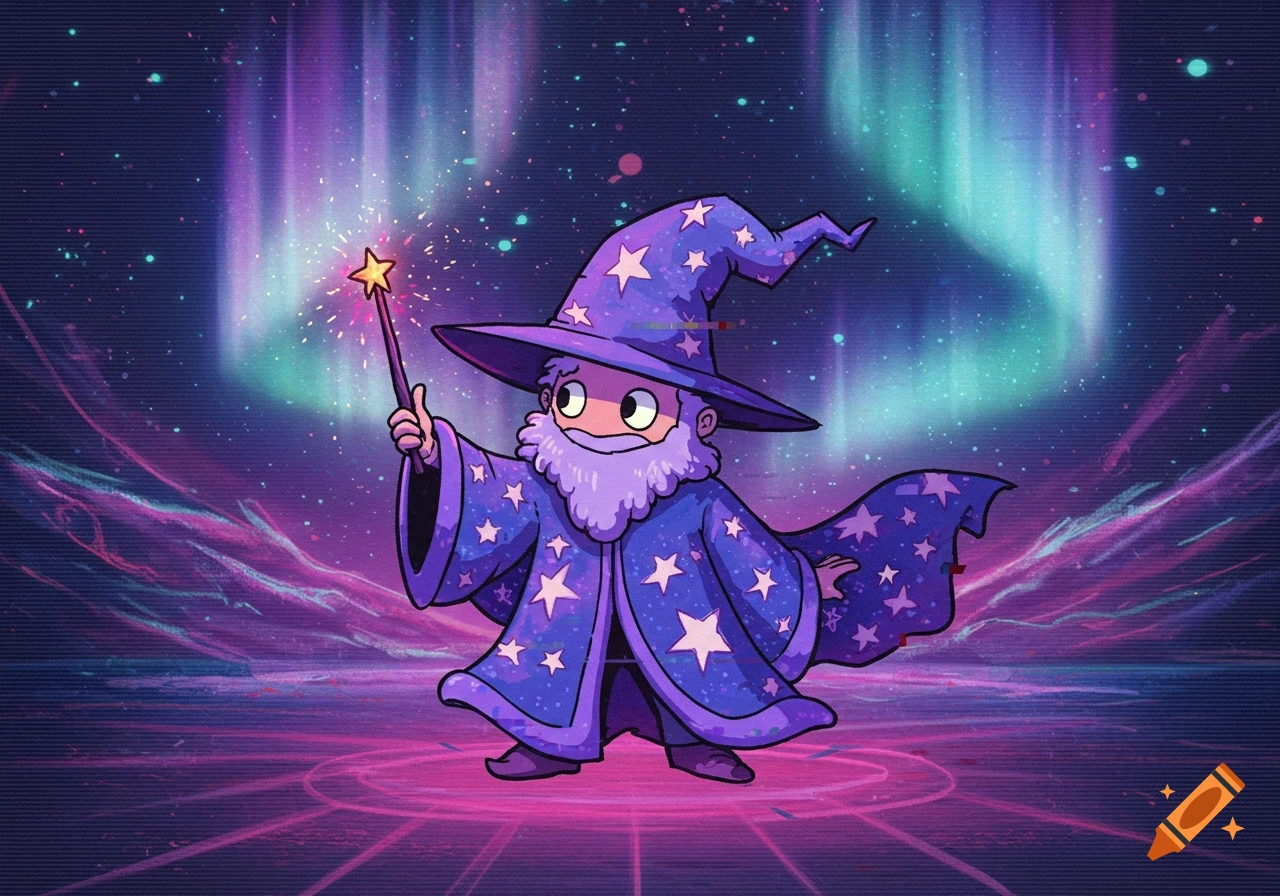 A cartoon wizard in a purple starry robe and hat, holding a glowing wand, against a cosmic purple and teal VHS-style background.