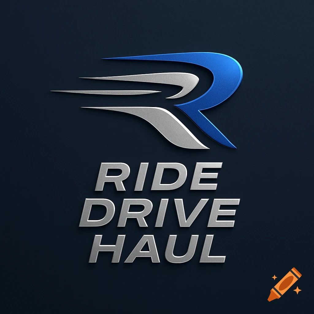 A modern logo featuring a stylized blue and silver 'R' above the silver embossed text 'RIDE DRIVE HAUL' on a dark blue background.