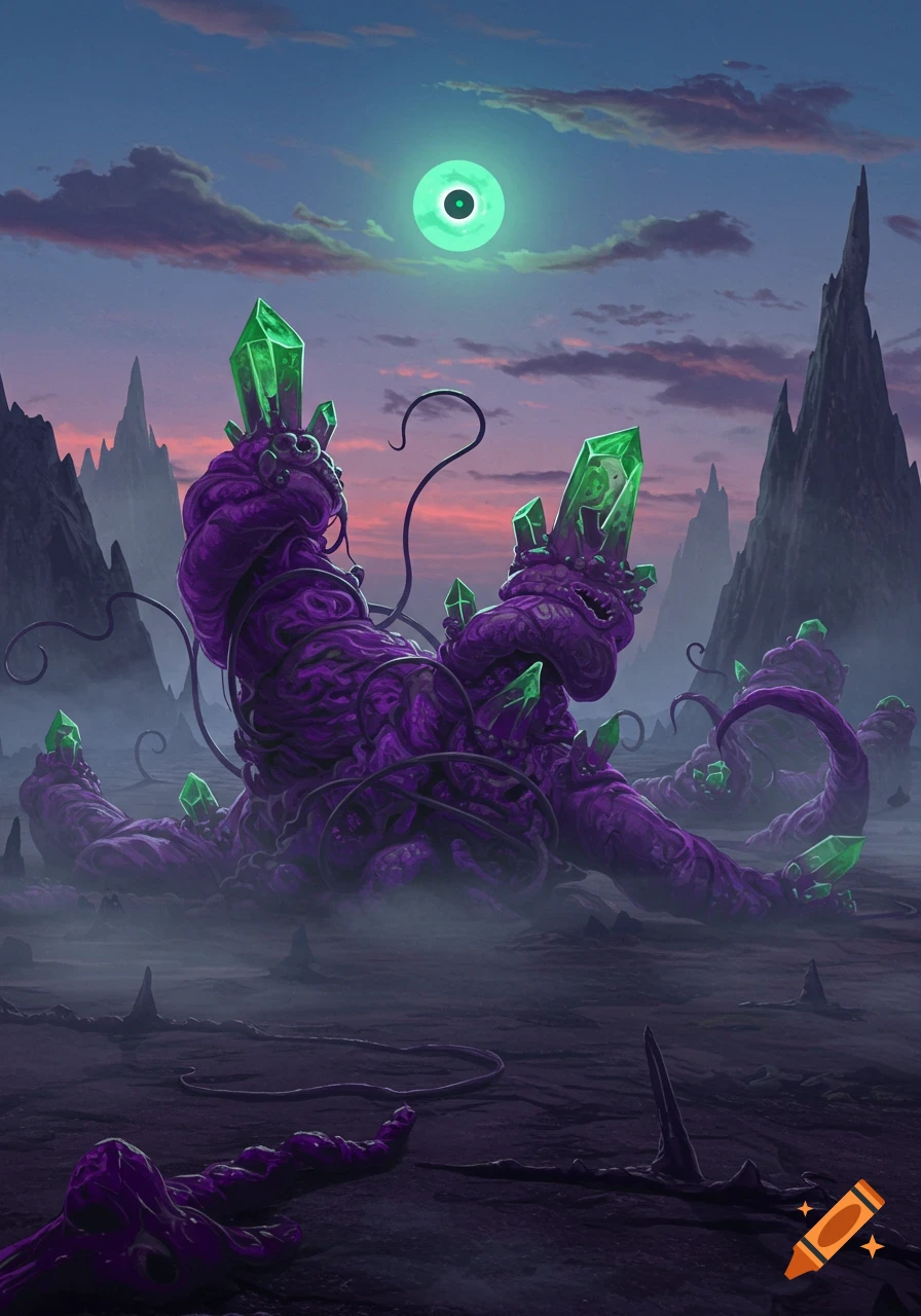 A massive purple tentacled creature covered in glowing green crystals in a dark, foggy landscape under an eerie green eye.