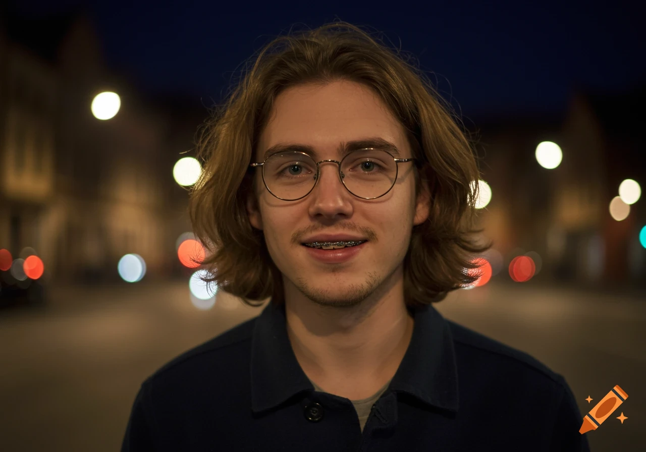A young man with shoulder-length messy brown hair, round glasses, and braces smiles at night with blurred city lights behind him.