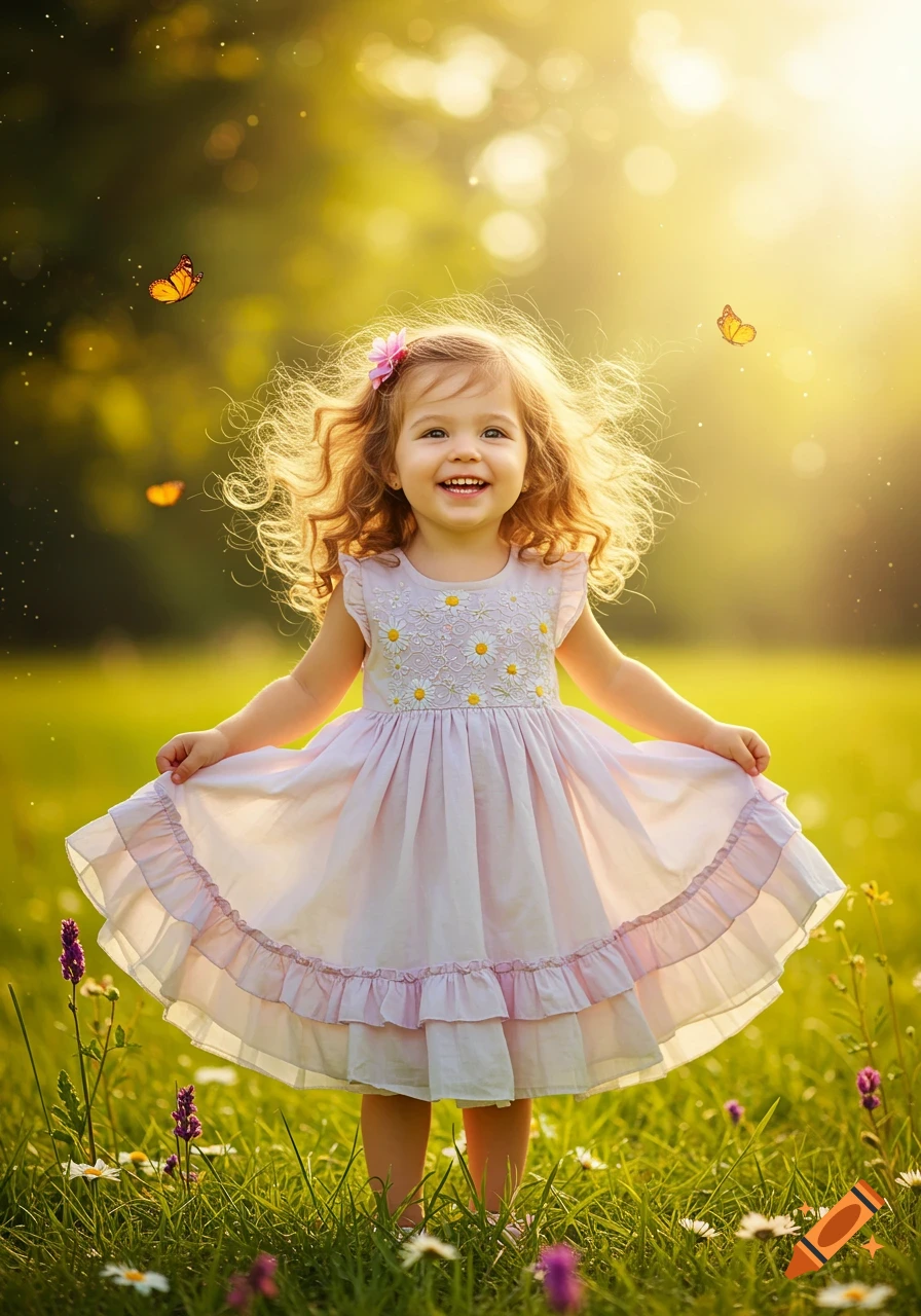 A happy little girl with curly hair in a pink dress stands in a sunny field with butterflies and wildflowers.
