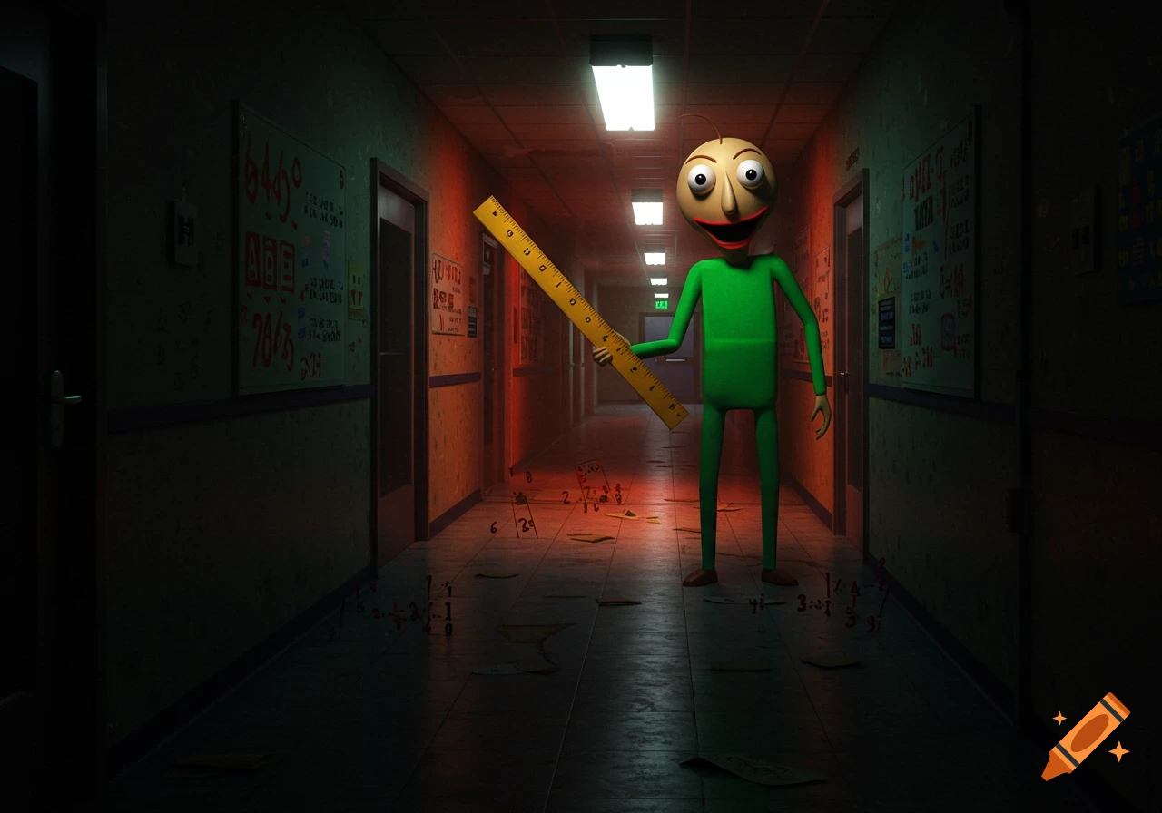 Baldi, a bald man in a green shirt, stands in a dark school hallway, holding a large yellow ruler.