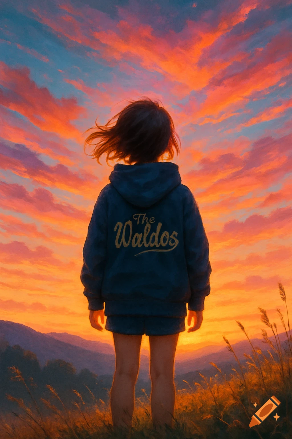 Person in a hoodie facing a vibrant orange and blue sunset over mountains, digital painting.